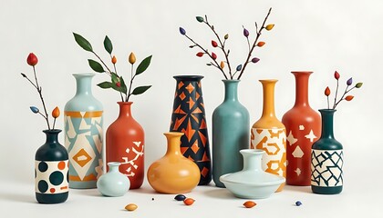 Decorative Ceramic Vases in Modern Artistic Style in Multicolored Tones Representing Home Decor and Creative Expression on Neutral Background