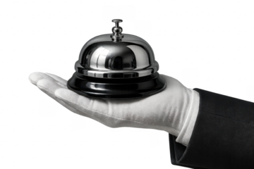 Butler holding service bell on transparent background