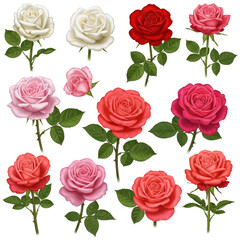 Collection of delicate blooming roses in various shades of pink red and white isolated on transparent background