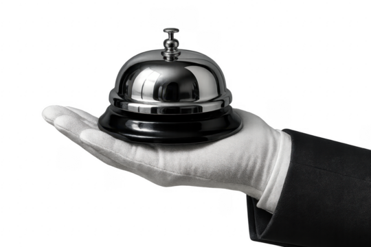 Butler holding service bell on transparent background