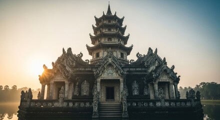 Ancient temple facade at dawn, misty sunrise, ornate carvings, serene