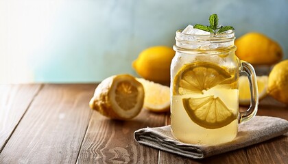 refreshing lemonade in a glass jar with ice and lemon slices
