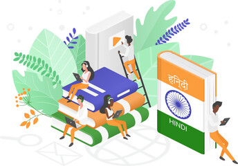 Online Hindi language courses isometric 3d illustration. Distance education, remote school, Indian university. Language Internet class, students reading books. Teaching foreign languages isolated