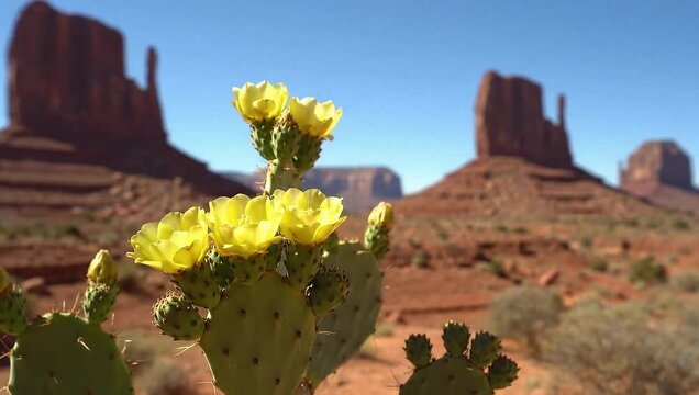 Yellow prickly pear cactus flowers blooming in the iconic desert landscape of Monument Valley