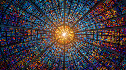 Radiant geometric stained glass dome with starburst illumination image