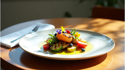 Gourmet Plated Salmon with Grilled Vegetables and Edible Flowers on Sunlit Restaurant Table — Fine Dining Cuisine in Natural Light