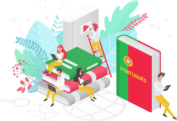 People learning Portuguese language isometric 3d illustration. Portugal Distance education, online learning courses concept. Students reading books cartoon characters. Teaching foreign languages. © lembergvector