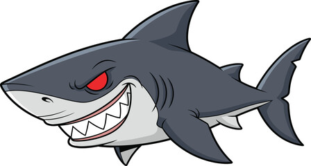 Angry cartoon shark with red eyes, sharp teeth, forked tail, gray body, underwater monster, cad drawing flat vector illustration