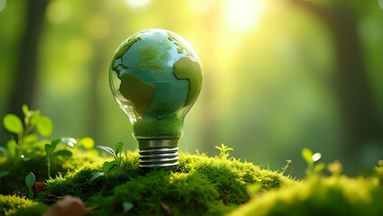 A glowing earth lightbulb on mossy ground in sunlit green forest background - green energy, environmental awareness, and sustainable solution concept 