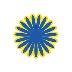 Blue and yellow abstract flower icon with layered petals, creating a bold geometric floral design. Suitable for logos, badges, decor elements, mandala art, or textile prints.
