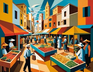 Colorful Market Scene with People and Vendors in Stylized Artistic Style