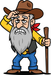 Cartoon cowboy character with long beard, brown hat, walking stick, blue jeans, yellow shirt, cad drawing flat vector illustration
