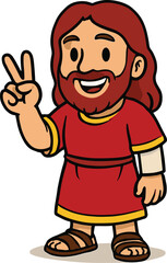 Cartoon man in red robe, peace gesture, yellow trim, brown sandals, long hair, smiling pose, cad drawing flat vector illustration