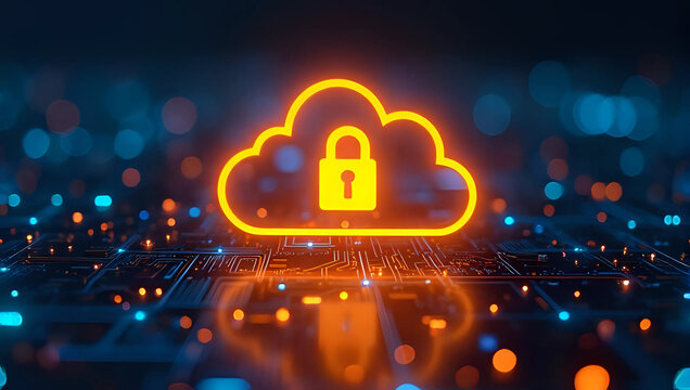 A glowing orange cloud computing icon with padlock, futuristic background - cloud security, data protection, and modern digital technology concept