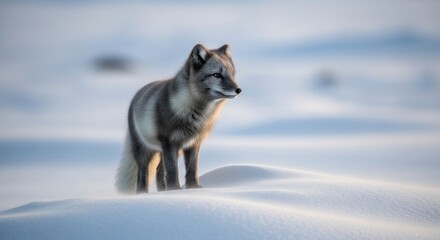 Fototapeta premium Arctic fox in snowy landscape, soft light
