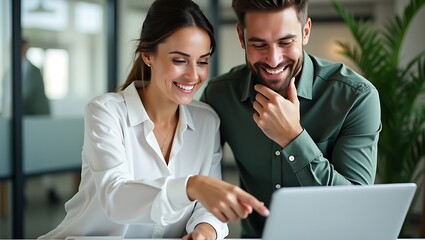 Smiling colleagues collaborating enthusiastically while pointing at a laptop screen in a modern office environment fostering teamwork and shared success