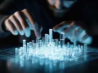 Engineer structural automation Concept. Futuristic city model manipulated by a hand with glowing holographic elements.