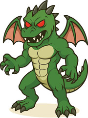 Green dragon with wings and spikes, cartoon fantasy character, sharp teeth, red eyes, fierce pose, cad drawing flat vector illustration