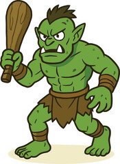 Green goblin with club, sharp teeth, pointed ears, fierce cartoon warrior pose, fantasy creature illustration, cad drawing flat vector illustration