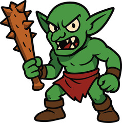 Green goblin with spiked club, fantasy creature art, red loincloth, angry face, vector monster illustration, cad drawing flat vector illustration