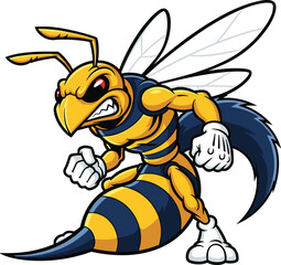 Muscular cartoon wasp, clenched fists, red eyes, aggressive pose, yellow and black insect mascot, cad drawing flat vector illustration