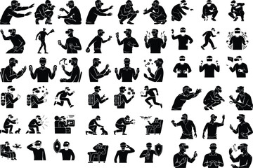 Man in VR Headset Silhouette Icon Set Virtual Reality Gamer Man Icon Vector Silhouettes