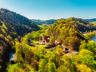 Medieval monastery Cerveny Klastor near Peak Tri Koruny or Trzy Korony in Pieniny National park in Slovakia and Poland © Zedspider