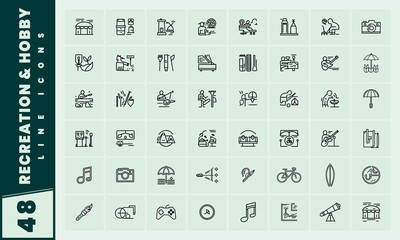 A set of recreation and hobby line icons in color for various activities