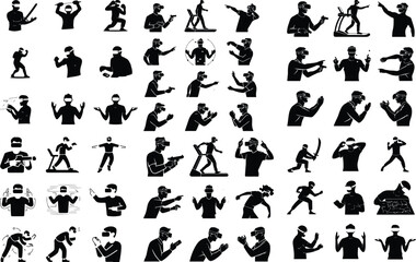 Man in VR Headset Silhouette Icon Set Virtual Reality Gamer Man Icon Vector Silhouettes