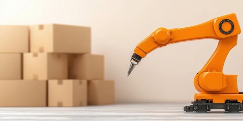 Engineer structural automation Concept. Robotic arm handling boxes in a warehouse setting, showcasing automation and logistics.