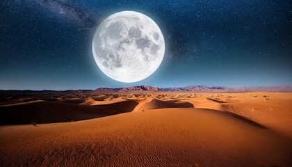 stunning full moon over an expansive desert landscape under a starry night sky
