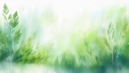 soft watercolor foliage background with green leaves and light bokeh for eco design or wellness branding

