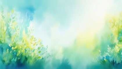 Obraz premium sunlit watercolor foliage with soft green leaves and blue sky background ideal for spring nature design or eco website banner