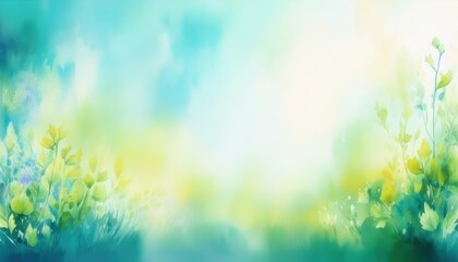 Obraz premium sunlit watercolor foliage with soft green leaves and blue sky background ideal for spring nature design or eco website banner