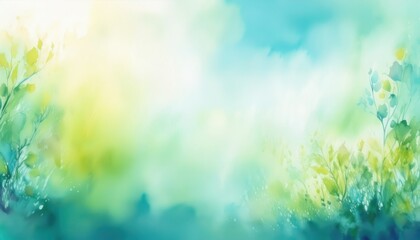 Fototapeta premium sunlit watercolor foliage with soft green leaves and blue sky background ideal for spring nature design or eco website banner