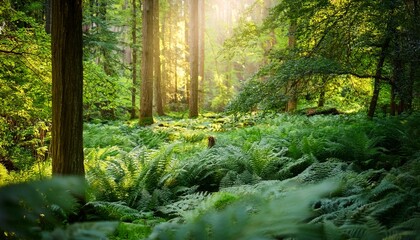Fototapeta premium peaceful nature scene of a forest glen with vibrant green ferns dappled sunlight filtering through the canopy and a soft focus on the plant life