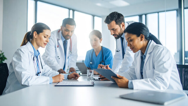 Team of doctors in the hospital working on documents, 300 dpi, widescreen 16:9, with free space for text
