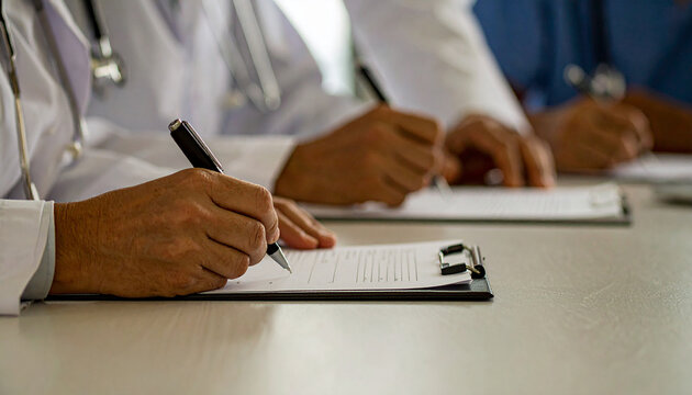 Team of doctors in the hospital working on documents, 300 dpi, widescreen 16:9, with free space for text