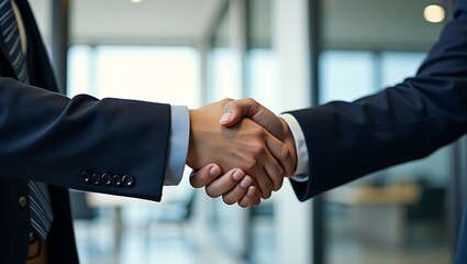 Two business professionals in dark suits firmly shake hands symbolizing partnership agreement and successful collaboration in a modern office setting
