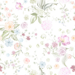 Hand-drawn seamless floral pattern with small flowers in muted tones. Watercolor texture for fabric, wallpaper, wedding print, wrapping paper, and textile design.