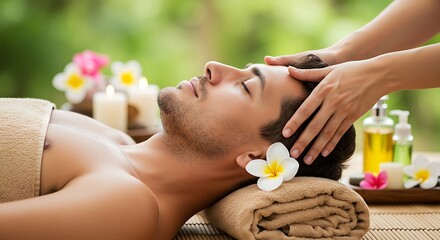 Man enjoying a relaxing head massage at spa with flowers and oil