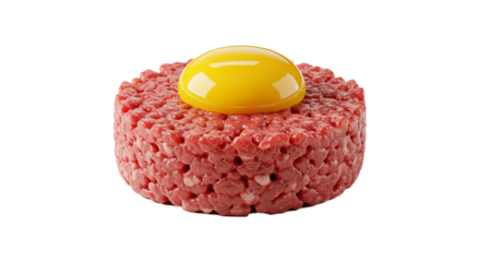 Delicious steak tartare with fresh egg yolk gourmet food photography close up presentation style on transparent background