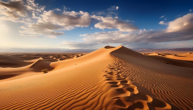 experience a serene desert landscape featuring rolling sand dunes beneath a majestic sky filled with fluffy clouds evoking a sense of peace and natural beauty