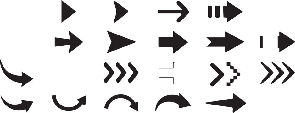 Collection of black arrow icons pointing in various directions isolated on white background