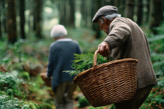 Elderly couple enjoying a peaceful walk in the forest collecting plants in spring