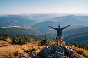 Obraz premium Standing on a mountaintop, a person enjoys fresh air and breathtaking views in nature's embrace