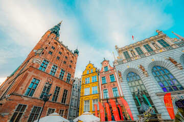 Gdansk with Motlawa river in Poland. Old town colourful house  main square.