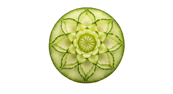 Beautiful melon carving design idea for food art and creative garnish presentation inspiration on transparent background