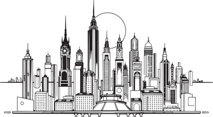 Obraz premium City landscape. Different buildings on street, outline cityscape hand sketch, flat houses. Hand drawn vector illustration