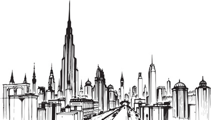 Fototapeta premium City landscape. Different buildings on street, outline cityscape hand sketch, flat houses. Hand drawn vector illustration